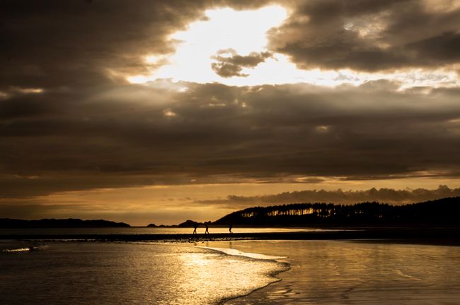 Three people walking along the beach at sunset